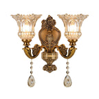 Vintage Floral Wall Mount Lamp 1/2 Heads Beveled Crystal Prism Wall Sconce Light in Brass