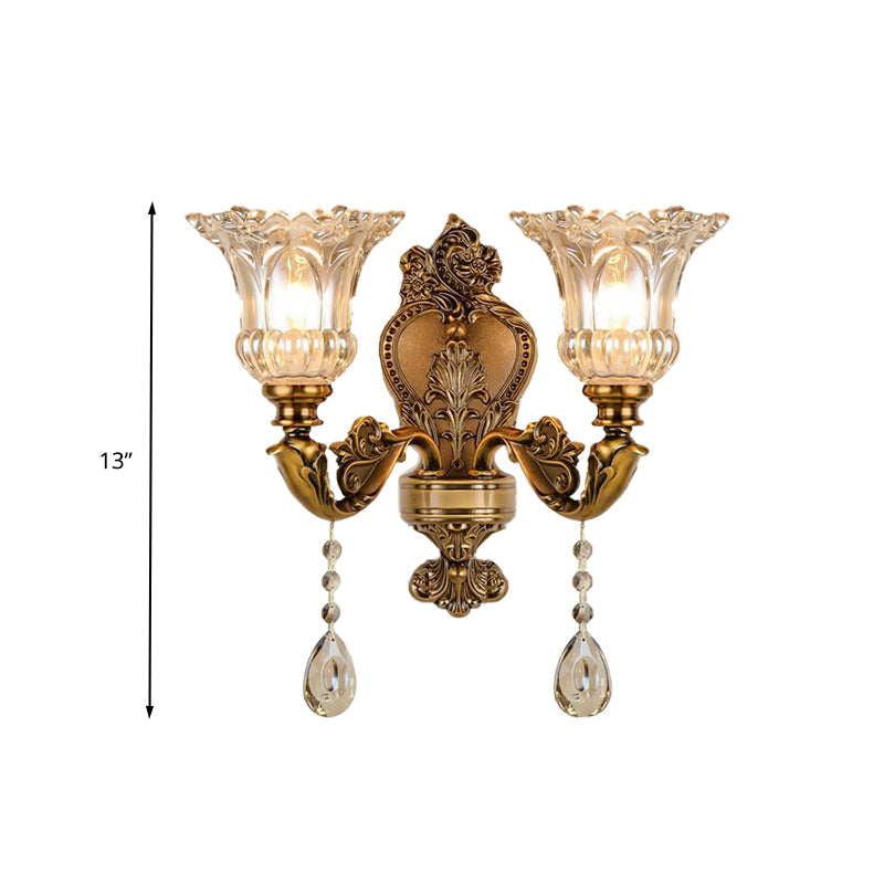 Vintage Floral Wall Mount Lamp 1/2 Heads Beveled Crystal Prism Wall Sconce Light in Brass