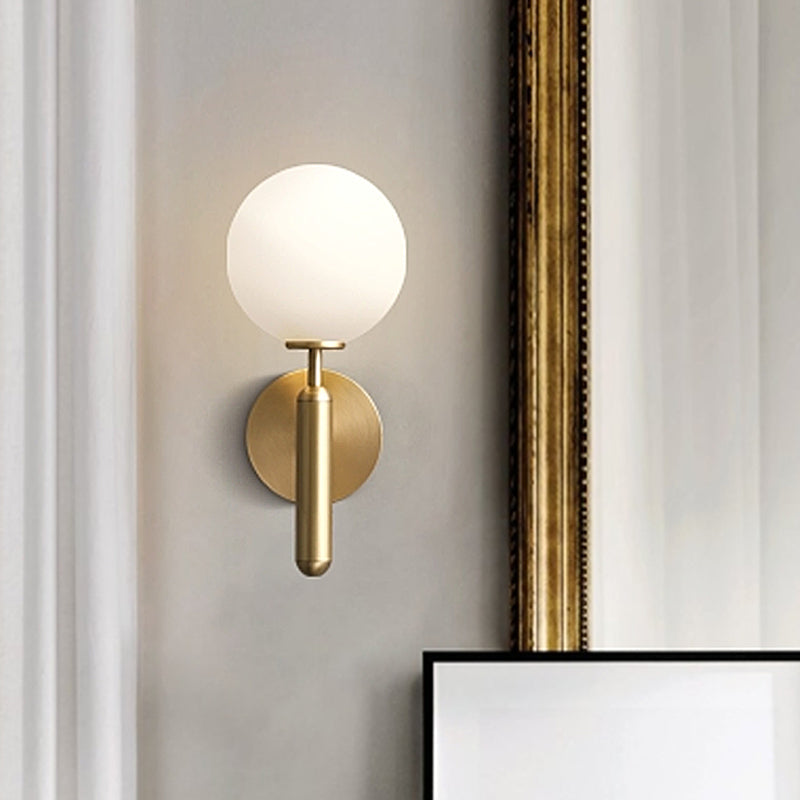 Milky Glass Ball Sconce Contemporary 1 Head Brass Wall Mount Light Fixture with Metal Pencil Arm