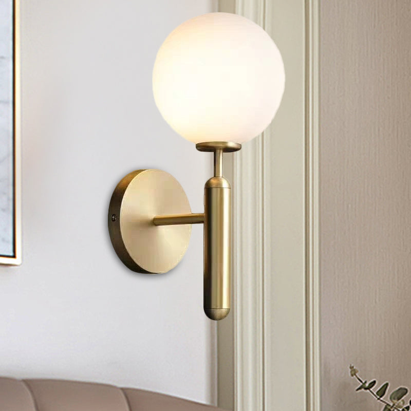 Milky Glass Ball Sconce Contemporary 1 Head Brass Wall Mount Light Fixture with Metal Pencil Arm