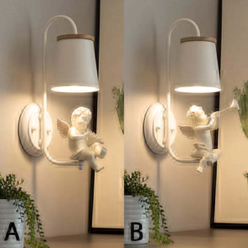 White Little Angel Wall Light with Bucket Shade 1 Head Metal Wall Lamp for Living Room