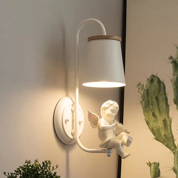 White Little Angel Wall Light with Bucket Shade 1 Head Metal Wall Lamp for Living Room