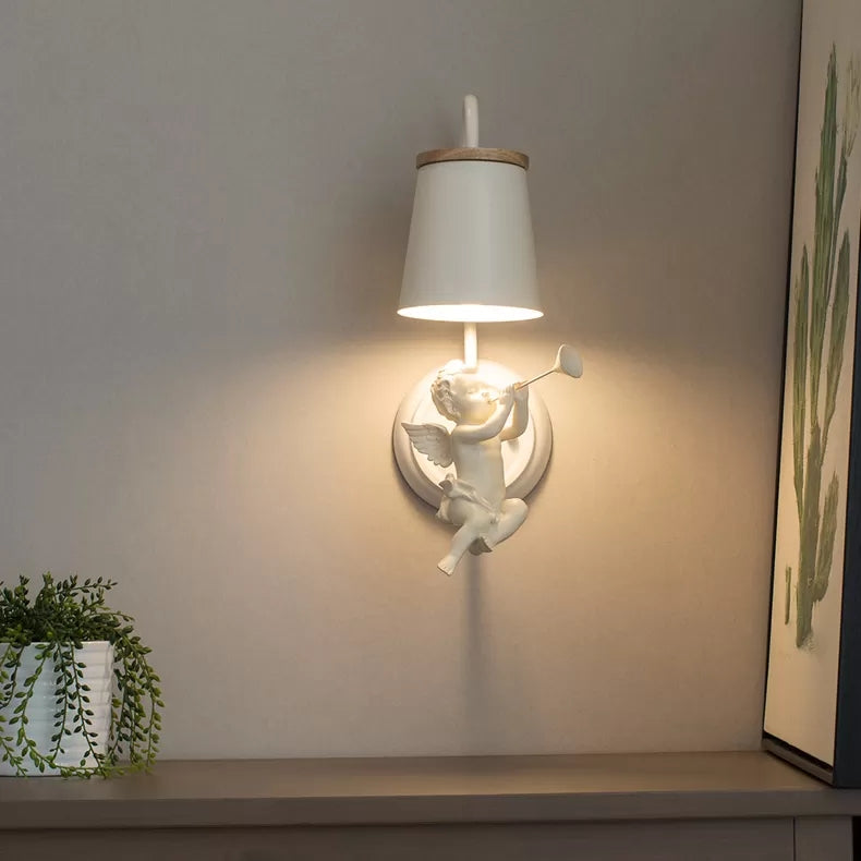 White Little Angel Wall Light with Bucket Shade 1 Head Metal Wall Lamp for Living Room
