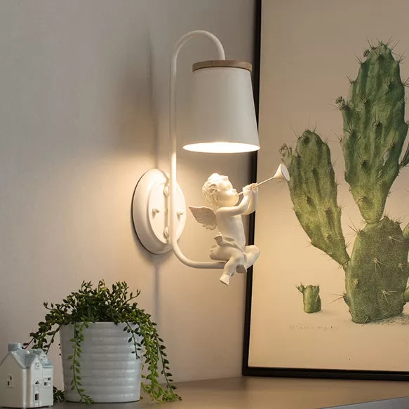White Little Angel Wall Light with Bucket Shade 1 Head Metal Wall Lamp for Living Room