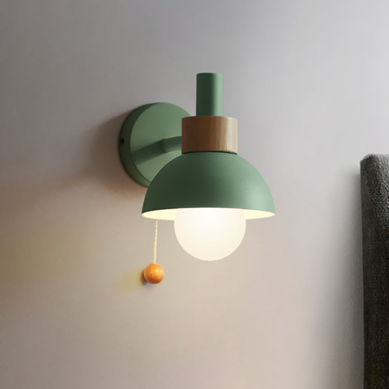 Macaron Domed Sconce Light Fixture 1 Bulb Wall Light Fixture with Metal Shade and Pull Chain in White/Pink/Green
