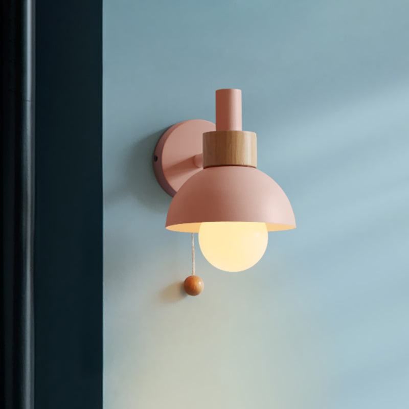 Macaron Domed Sconce Light Fixture 1 Bulb Wall Light Fixture with Metal Shade and Pull Chain in White/Pink/Green