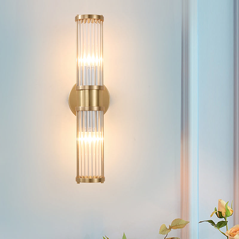 1/2-Light Corridor Wall Light Fixture Modernist Stylish Golden Wall Sconce with Cylindrical Clear Crystal Shade