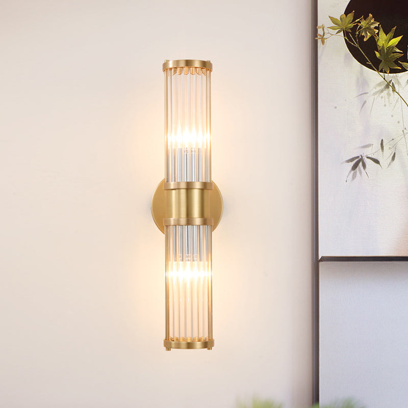 1/2-Light Corridor Wall Light Fixture Modernist Stylish Golden Wall Sconce with Cylindrical Clear Crystal Shade