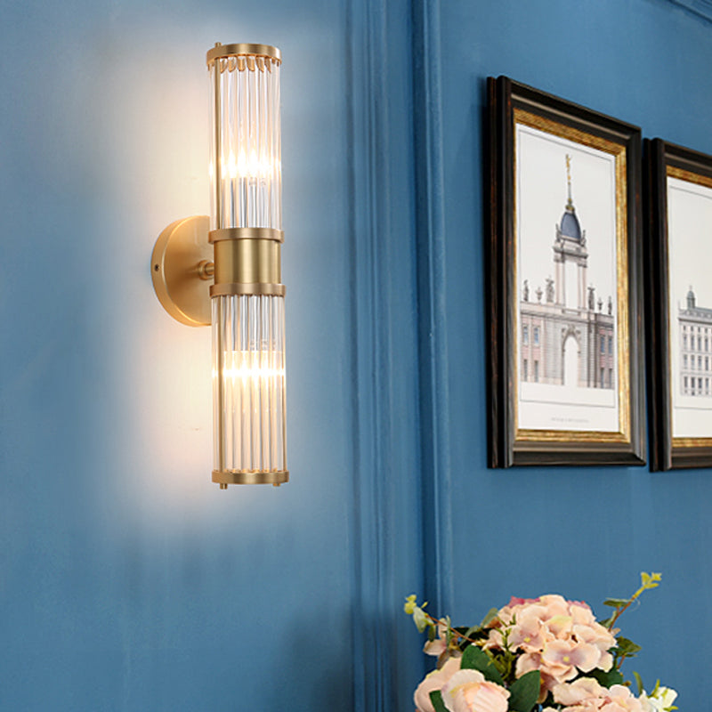 1/2-Light Corridor Wall Light Fixture Modernist Stylish Golden Wall Sconce with Cylindrical Clear Crystal Shade