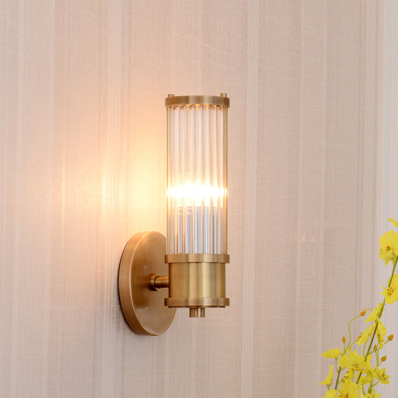 1/2-Light Corridor Wall Light Fixture Modernist Stylish Golden Wall Sconce with Cylindrical Clear Crystal Shade