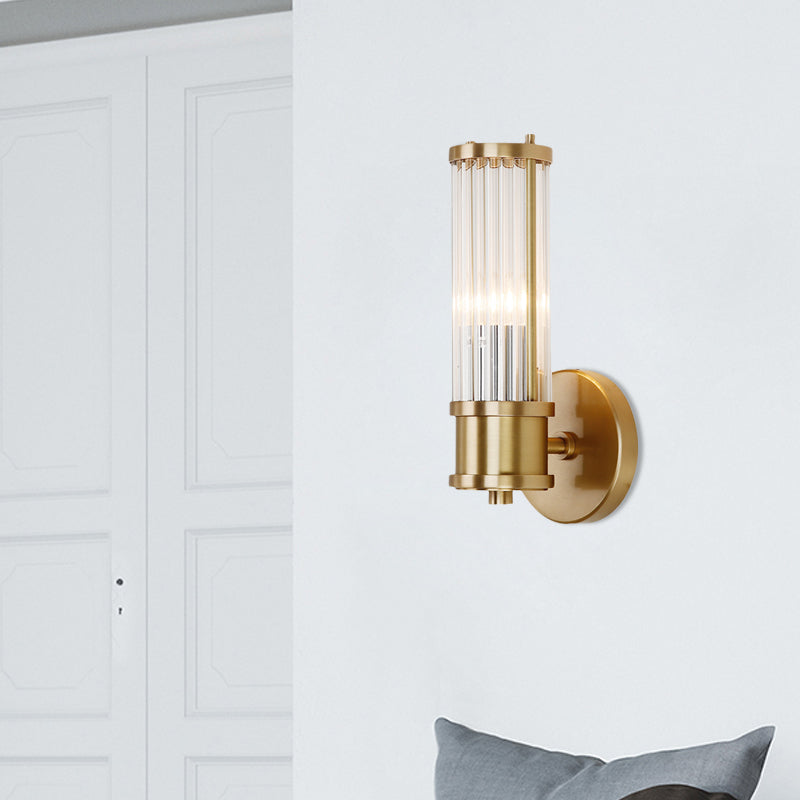 1/2-Light Corridor Wall Light Fixture Modernist Stylish Golden Wall Sconce with Cylindrical Clear Crystal Shade