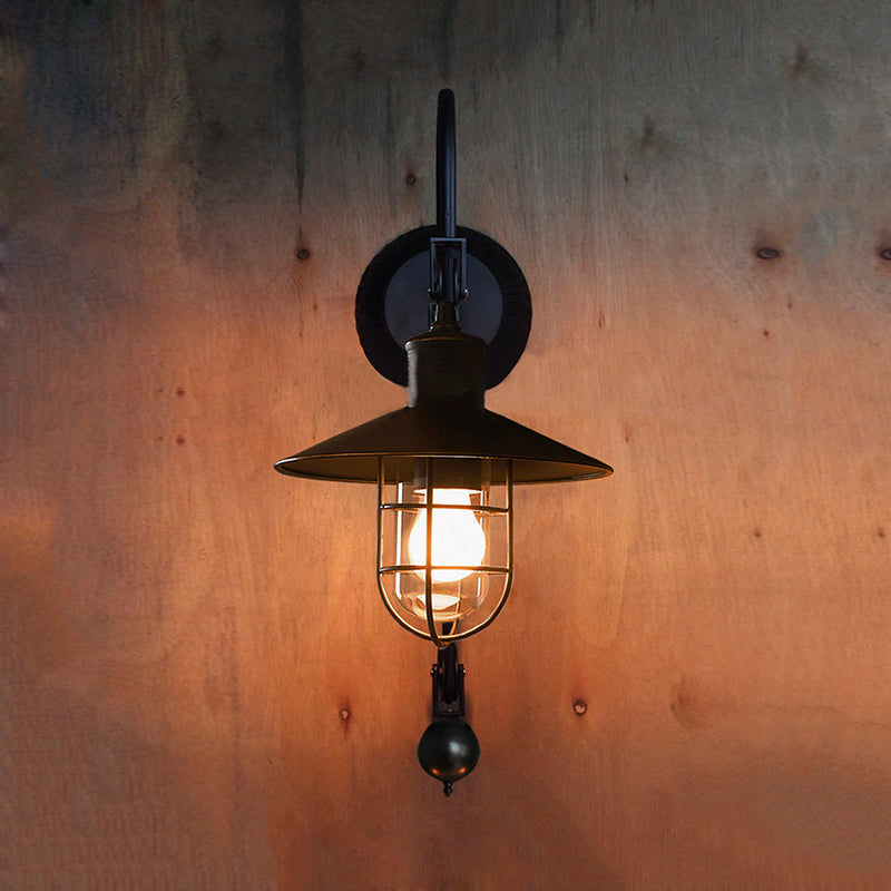 Black One Light Sconce Light Industrial Clear Glass Caged Lighting Fixture with Adjustable Pulley