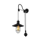 Black One Light Sconce Light Industrial Clear Glass Caged Lighting Fixture with Adjustable Pulley