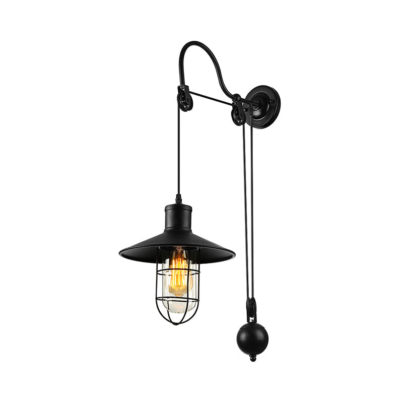 Black One Light Sconce Light Industrial Clear Glass Caged Lighting Fixture with Adjustable Pulley