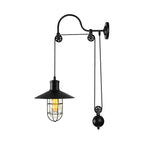 Black One Light Sconce Light Industrial Clear Glass Caged Lighting Fixture with Adjustable Pulley
