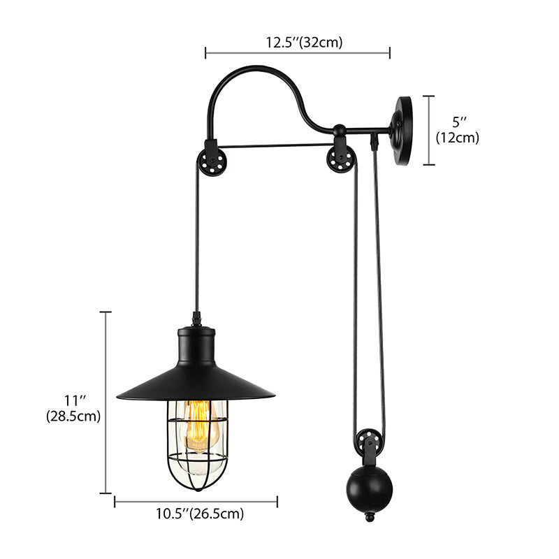 Black One Light Sconce Light Industrial Clear Glass Caged Lighting Fixture with Adjustable Pulley