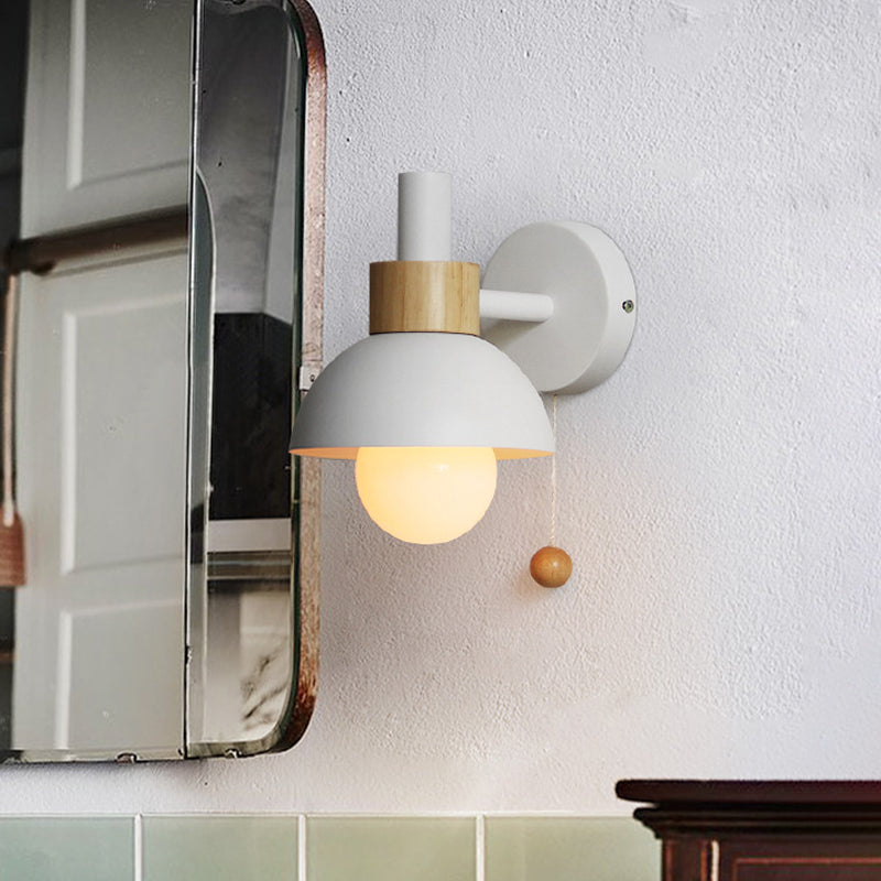 Macaron Domed Sconce Light Fixture 1 Bulb Wall Light Fixture with Metal Shade and Pull Chain in White/Pink/Green