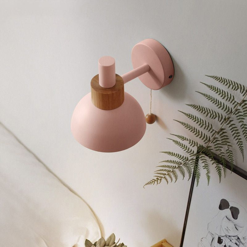 Macaron Domed Sconce Light Fixture 1 Bulb Wall Light Fixture with Metal Shade and Pull Chain in White/Pink/Green