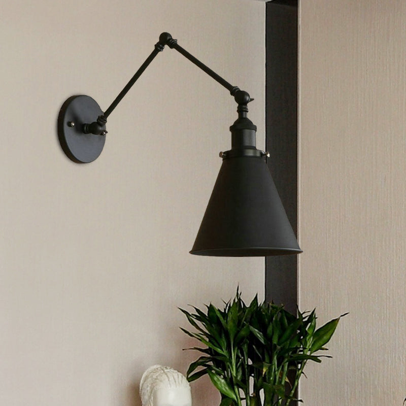 Farmhouse Style Cone Wall Sconce 1 Bulb Iron Wall Lighting Fixture in Black/Rust for Bedroom
