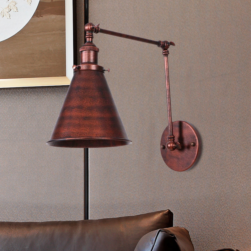 Farmhouse Style Cone Wall Sconce 1 Bulb Iron Wall Lighting Fixture in Black/Rust for Bedroom