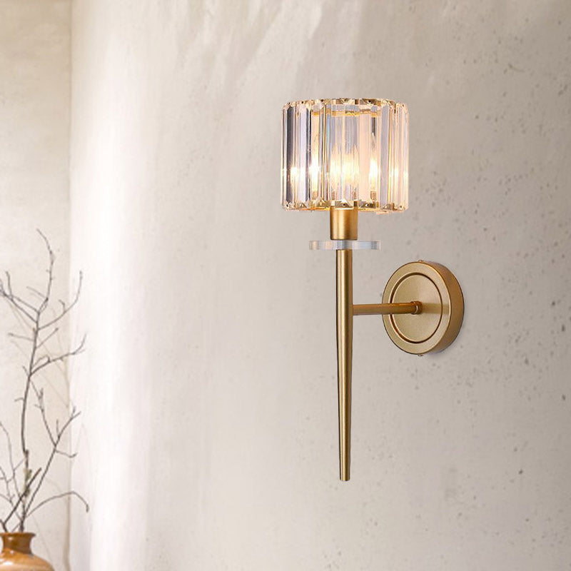 Crystal Block Gold Wall Sconce Cylindrical 1 Light Simple Wall Lighting Fixture with Iron Pencil Arm
