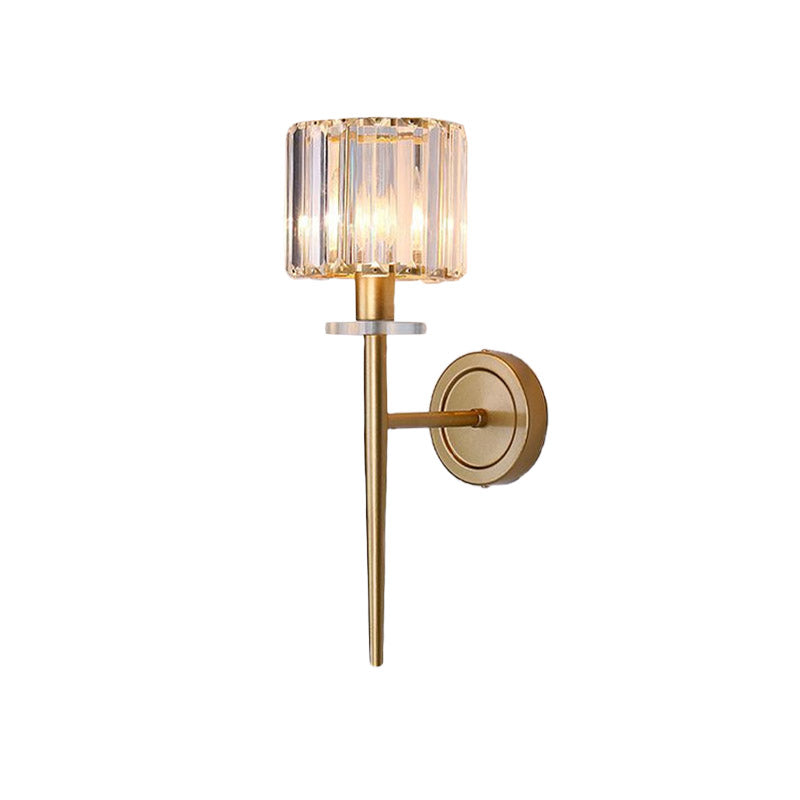 Crystal Block Gold Wall Sconce Cylindrical 1 Light Simple Wall Lighting Fixture with Iron Pencil Arm