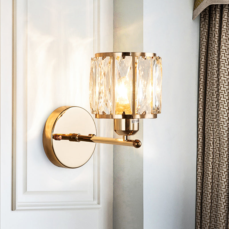 Beveled Cut Crystal Gold Wall Lamp Cylinder 1 Head Simplicity Sconce Light Fixture