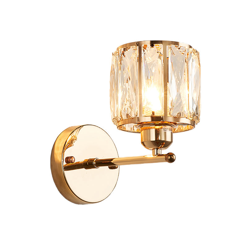 Beveled Cut Crystal Gold Wall Lamp Cylinder 1 Head Simplicity Sconce Light Fixture
