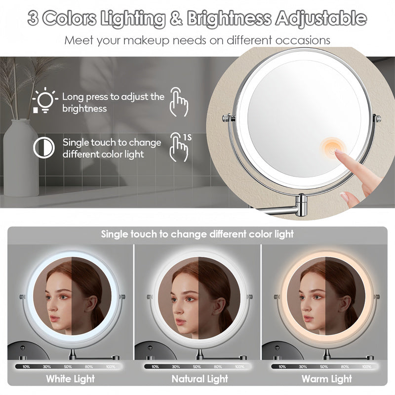 Vinantica | Rechargeable Wall Mounted Shaving Mirror | 360° Rotation. 1X/10X Magnification & Adjustable LED Lighting for Bathroom Use