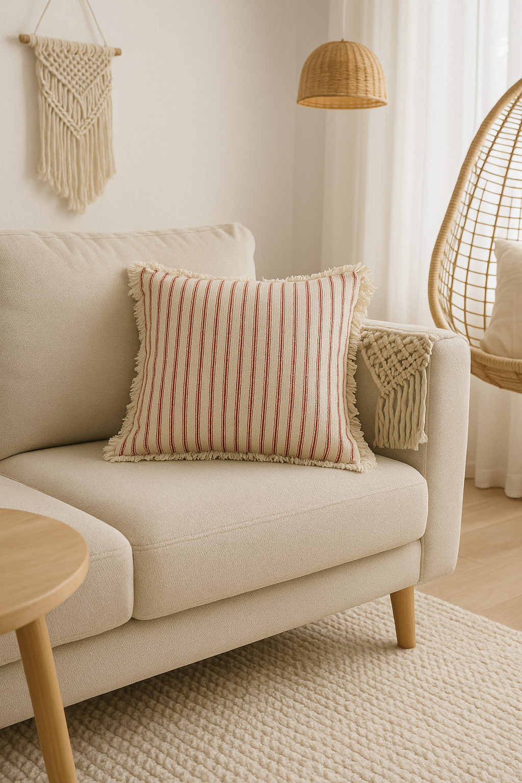 Elegant Pillowcase with Jacquard Pattern and Fringes - Cotton-Linen Blend