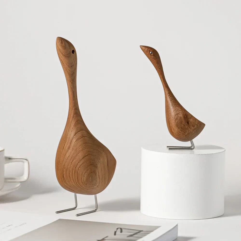 Nordic Wooden Goose Figures Abstract Teak Wood Sculpture Love Couple Figures Natural Animal Ornaments for Home Decoration