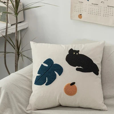 Black Cat & Garden Tufted Pillow Case | Vinantica