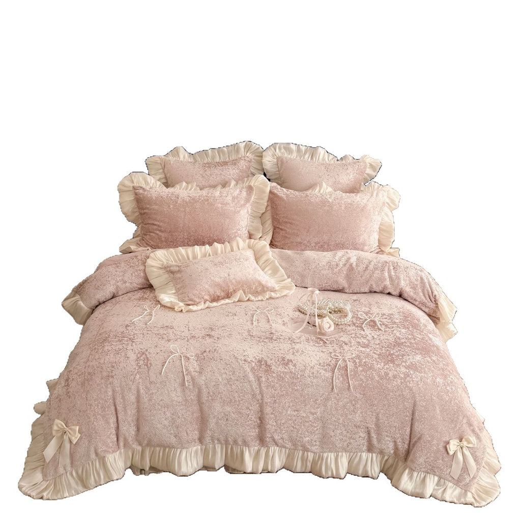 Romantic ruffle bedding set with bow appliqués and soft touch