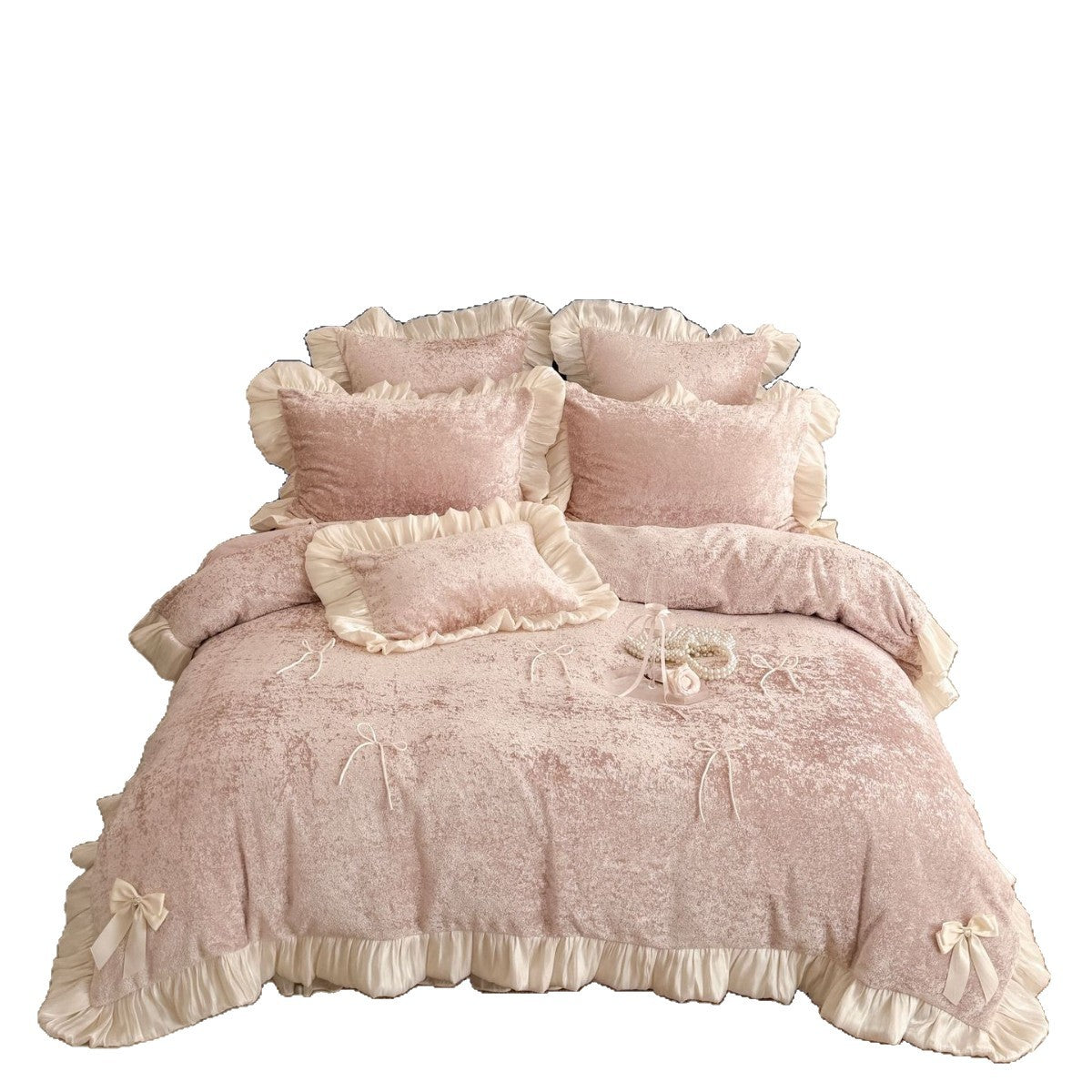 Romantic ruffle bedding set with bow appliqués and soft touch