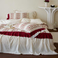 Romantic cotton satin bedding set with floral stripe pattern, ruffle, and decorative pillowcases