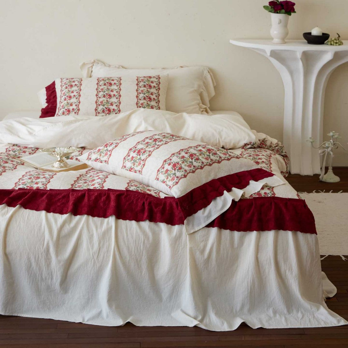 Romantic cotton satin bedding set with floral stripe pattern, ruffle, and decorative pillowcases