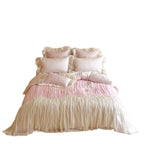 Luxurious romantic bedding set with pleated ruffles and decorative cushion