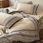 Country house style bedding set with striped floral border and fringes