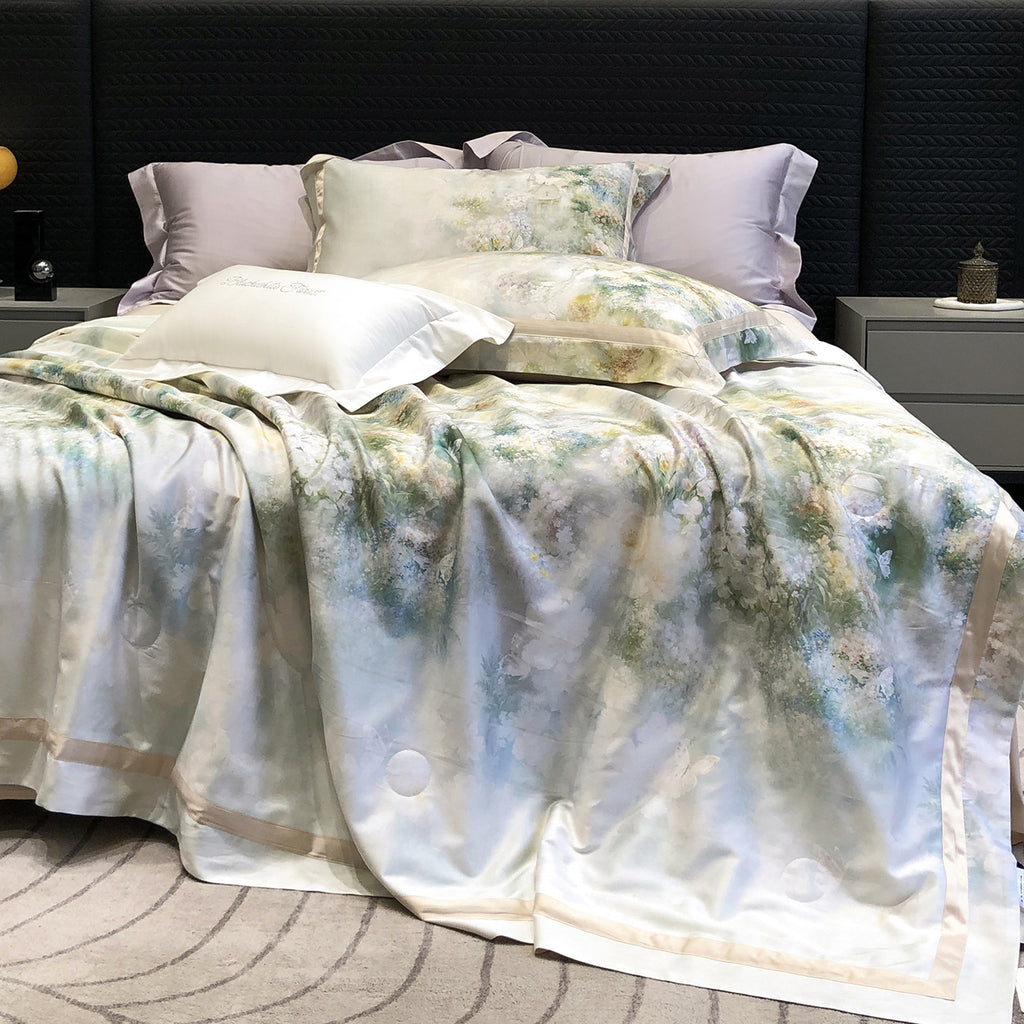 Luxurious satin bedding set with watercolor flower pattern