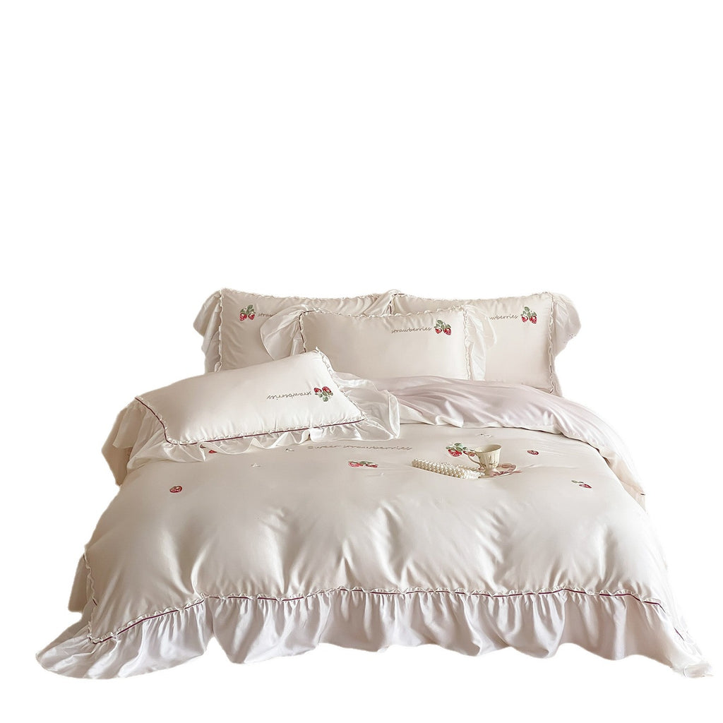 Romantic satin bedding set with strawberry embroidery and ruffles