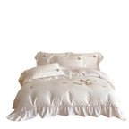 Romantic satin bedding set with strawberry embroidery and ruffles