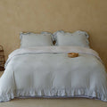 Romantic bed linen set made of cotton percale with frill, fine Vichy check and embroidered accents