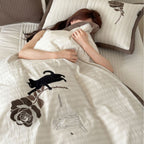 striped cotton bedding set with embroidered teddy bear appliqués and button closure