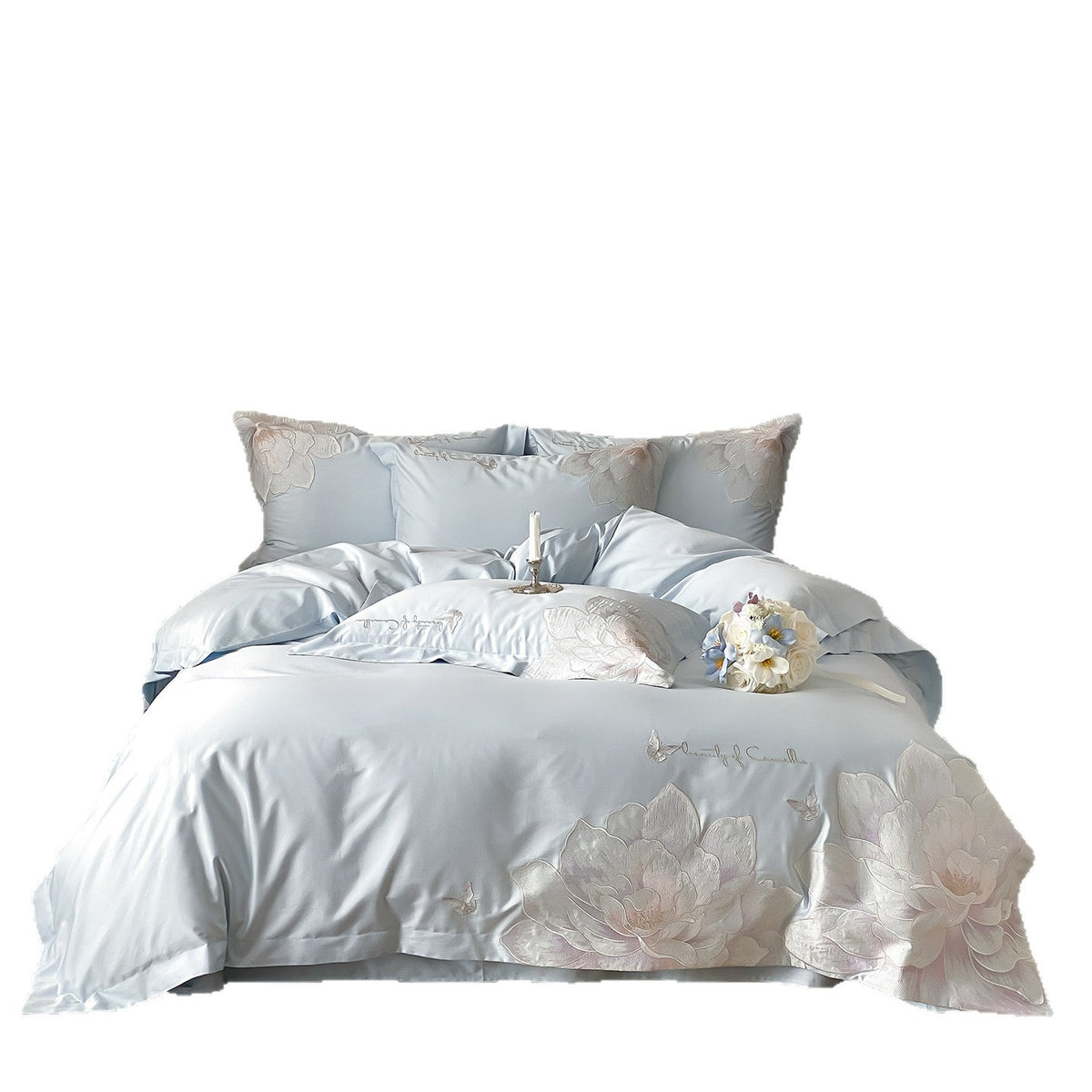 Luxurious cotton satin bedding set with large floral embroidery