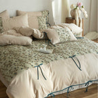 Embroidered cotton percale bedding set with quilted decorative plate and decorative ribbons