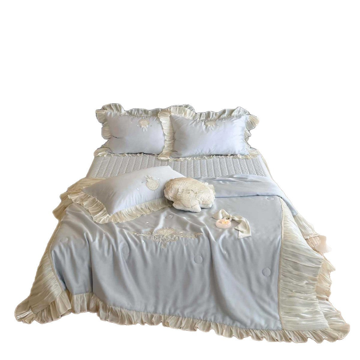 Romantic bedspread set with pleated ruffles, fine embroidery and decorative pillows