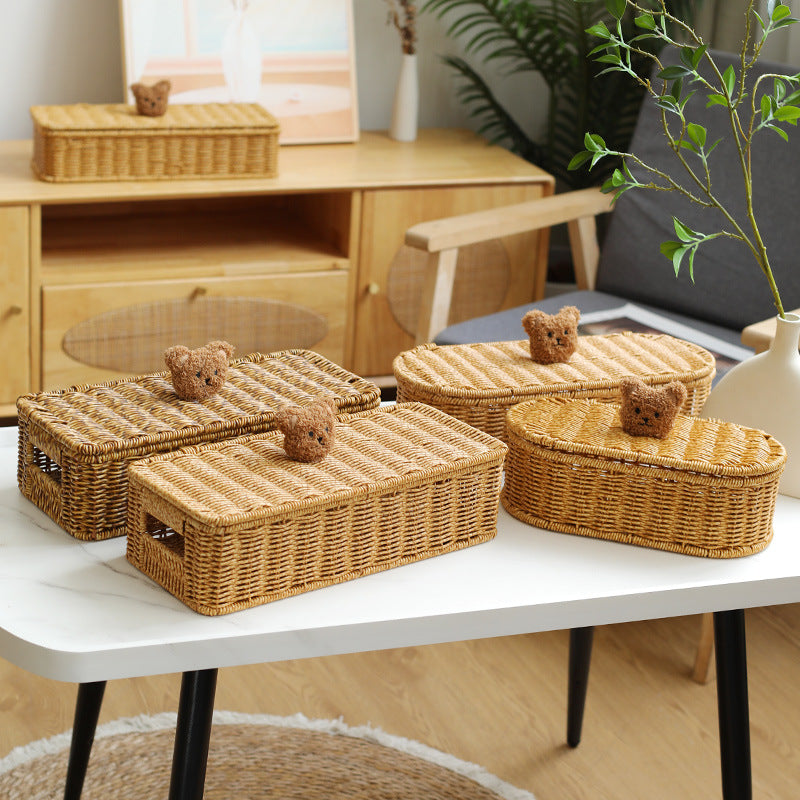 Decorative Woven Storage Box With Cute Bear Lid