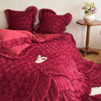 Romantic quilted bedspread with 3D rose appliqué, pleated frills and pillowcases