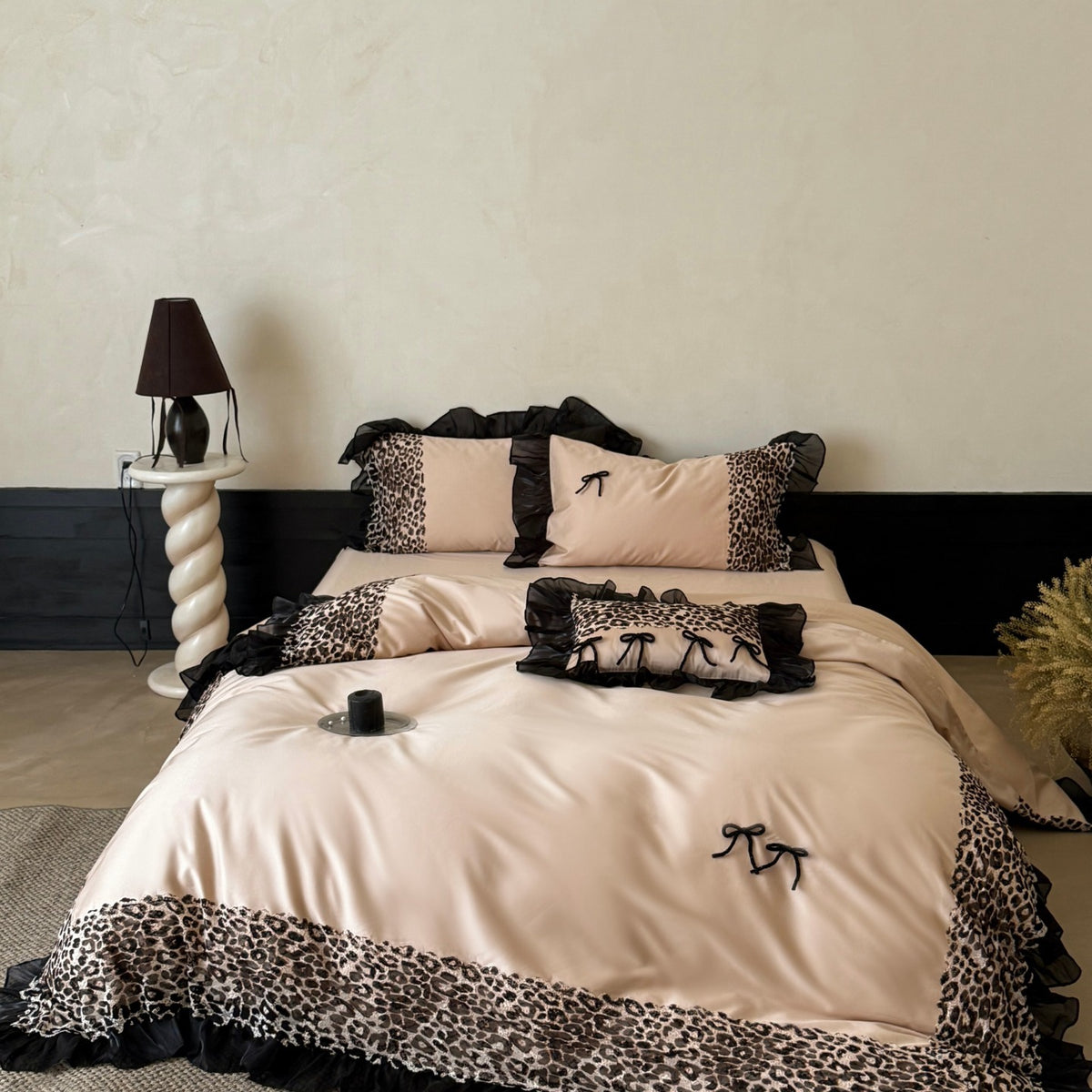 Premium Satin Bed Cover Set with Leopard Accent and Chiffon Ruffle