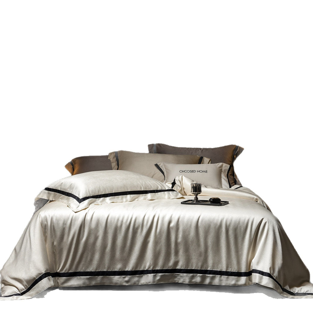 Luxurious satin bedding set with contrasting decorative trim